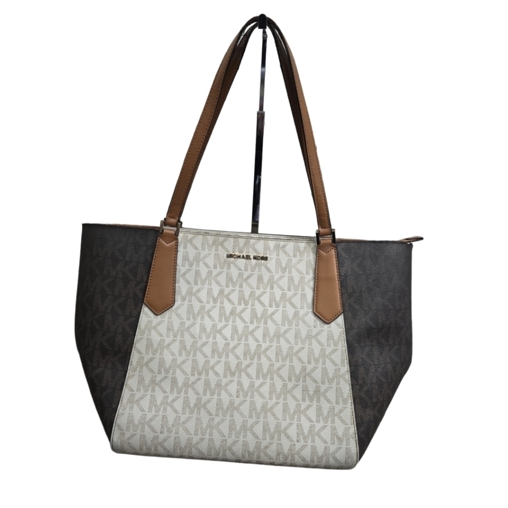 Michael Kors Kimberly LG Leather Tote White & Brown logo